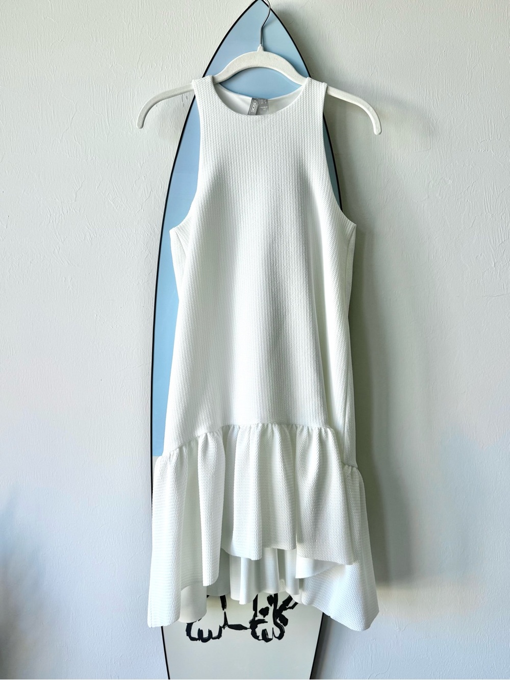 ASOS White High Neck Drop Waist Ruffle Hem Mini Dress Textured Piqué Size 2